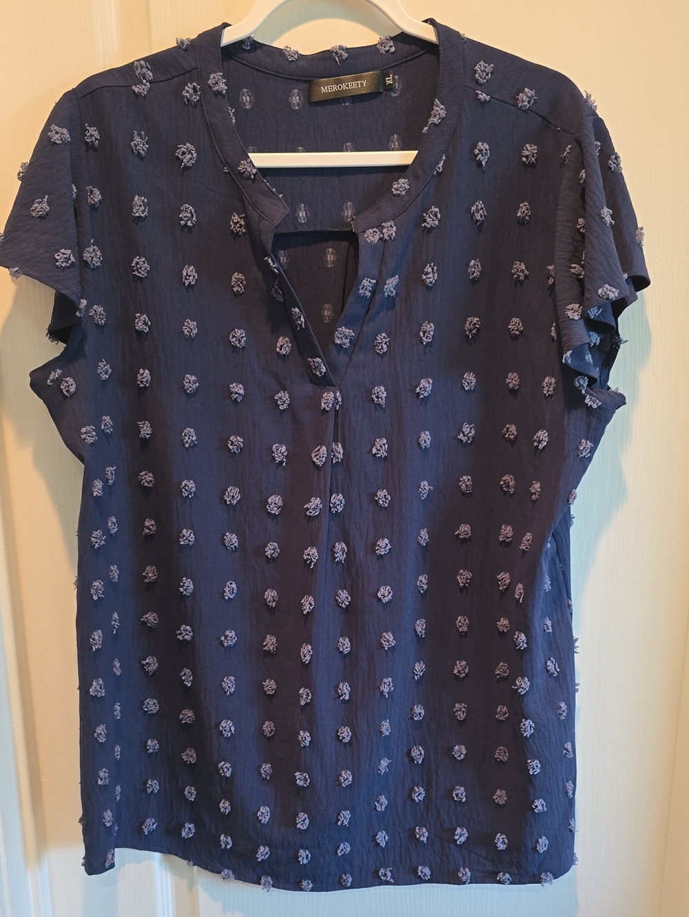 Merokeety Navy Short-Sleeve Dot-Texture Blouse